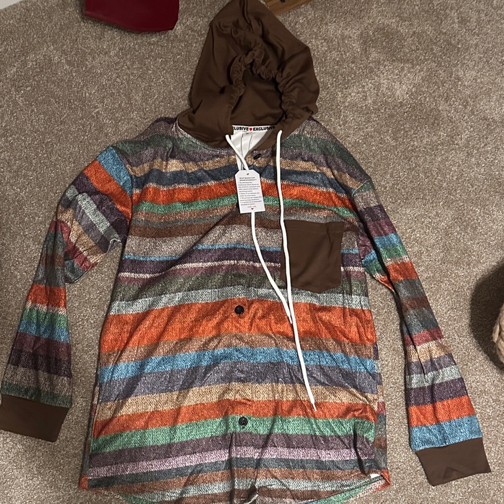 Striped Multicolor Button Down Shirt with Hood